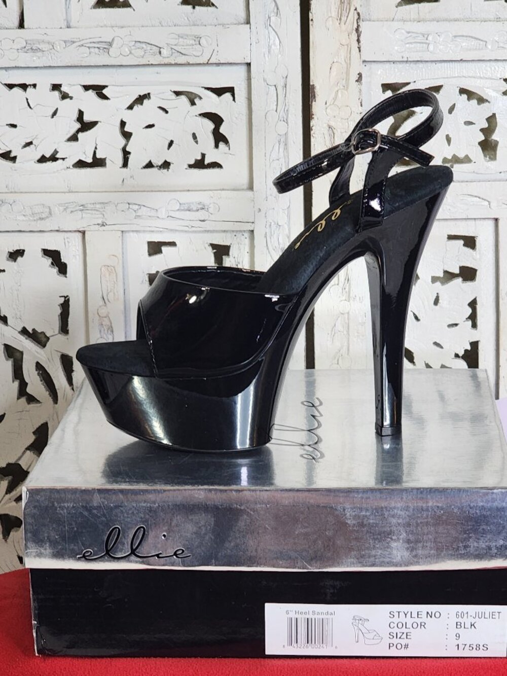 Ellie Black Patent 6" Heel Open Toe Ankle Strap Platform Juliet Dress Pump Sz 9